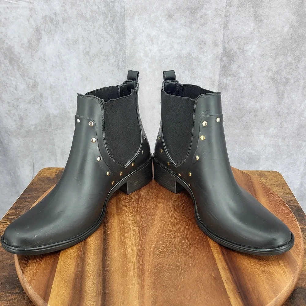 Kate Spade Chelsea Rain Boots‎ Womens 10 / 11 Black Gold Studded Water Resistant